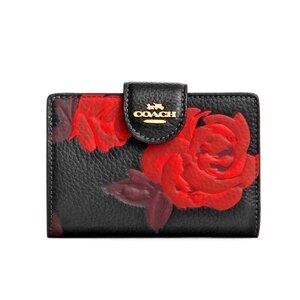 New Coach CCL63 Medium Corner Zip Wallet with Floral Print Black / Red